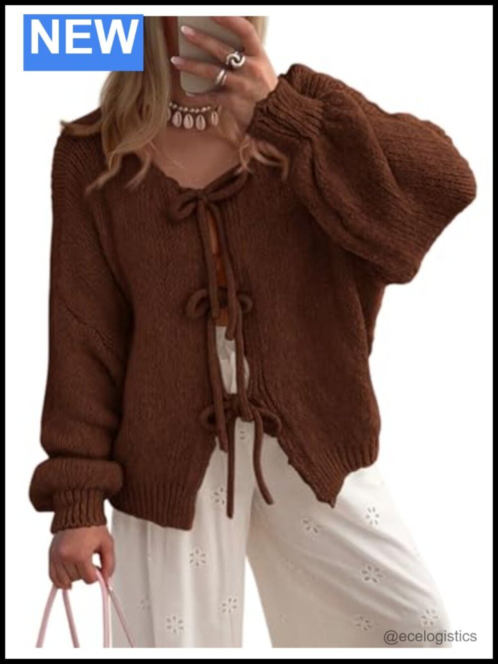 Cozy Chunky Knit Tie Front Bow Cardigan | Open Front Puff Sleeve Sweater Jacket